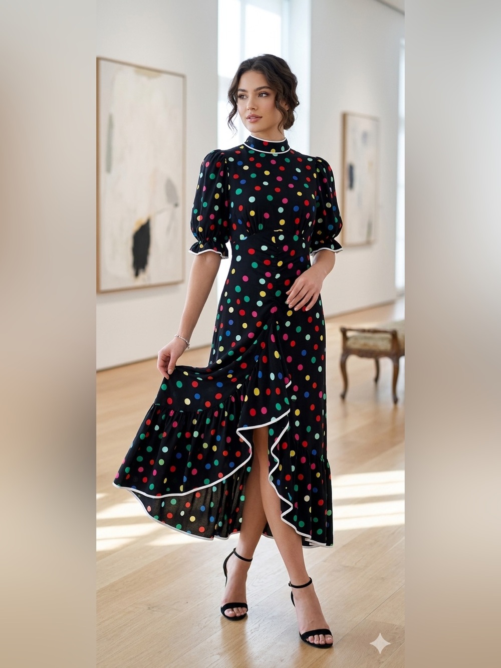 RIXO Black Multicolor Polka Dot Puff Sleeve Dress